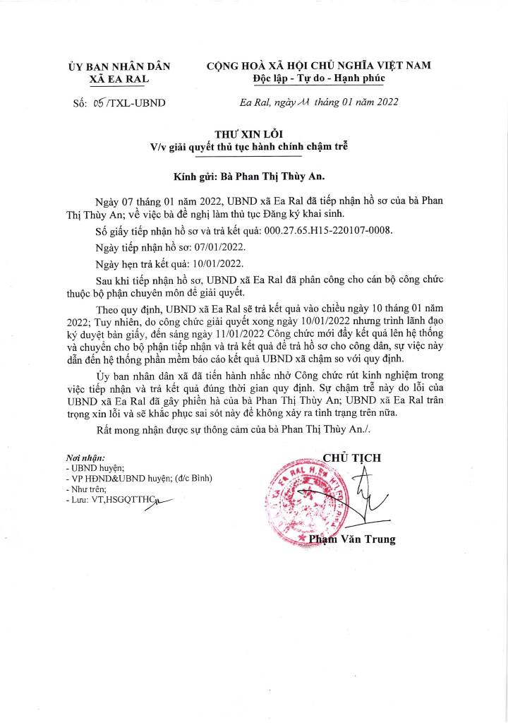 Thư xin lỗi vì giải quyết thủ tục hành chính trễ hạn của bà Phan Thị Thùy An - Xã Ea Ral